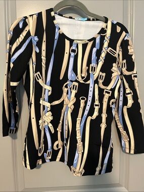 J McLaughlin Womens Black Patterned Belt-Print Long Sleeve Top